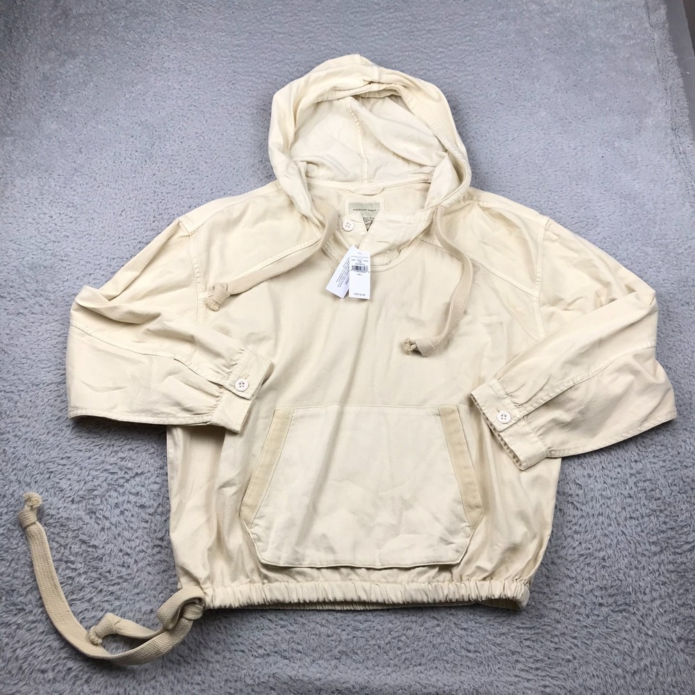 American Eagle Oversized Denim Hoodie Womens L Cream Cotton Twill Pullover NEW